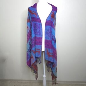 Bohemian Art To Wear Peruvian Fringe Shawl Scarf Llama Alpaca Mayan Colorful